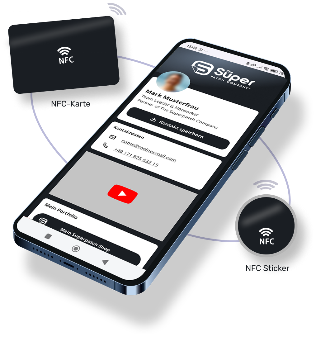 Image showing a credit card sized NFC NUMI. business card with dimensions of 85x55 millimeters and a round NFC tag with a diameter of 30 millimeters, both surrounding a smartphone. The smartphone displays an example of a NUMI. with a dark theme.