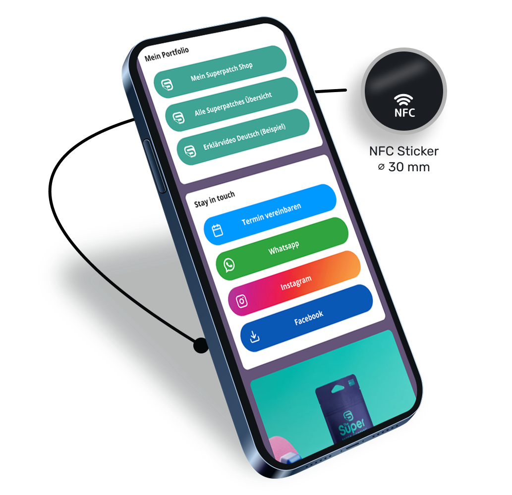 Image showing a round NFC tag with a diameter of 30 millimeters next to a smartphone. The smartphone displays an example of a NUMI. with a blue theme.