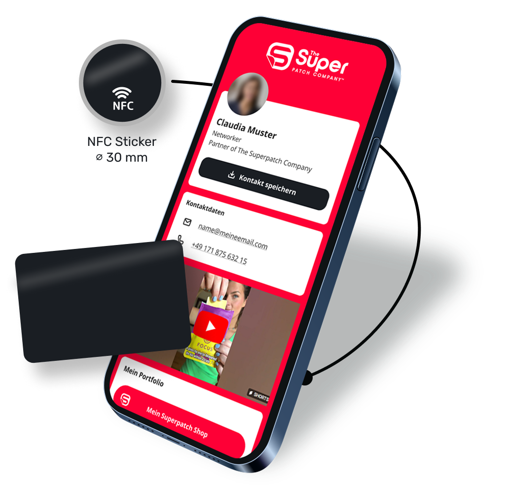 Image showing both a round NFC tag with a diameter of 30 millimeters and a credit card sized NFC NUMI. business card next to a smartphone. The smartphone displays an example of a NUMI. with a red theme.